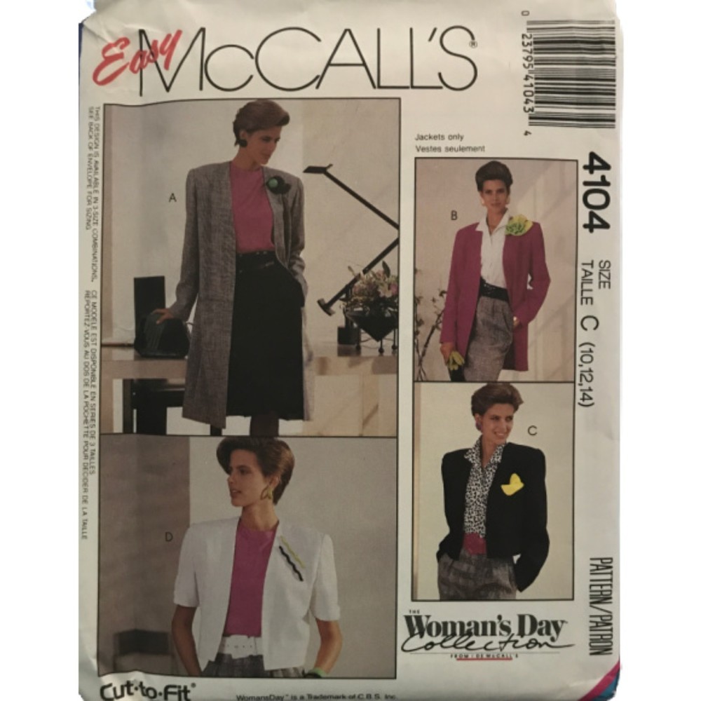 Vintage 1980s McCall's Easy Pattern 4104 - Unlined Coat or Jacket
